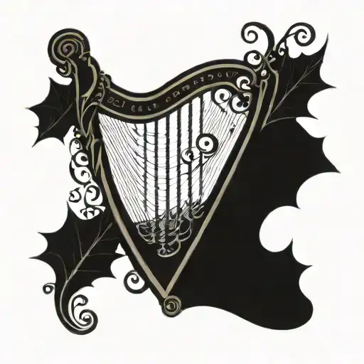 harp with holly leaf tattoo design idea