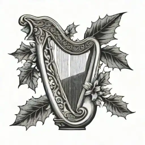 harp with holly leaf tattoo design idea