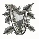 harp with holly leaf tattoo design idea