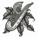 harp with holly leaf tattoo design idea