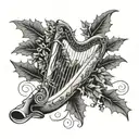 harp with holly leaf tattoo design idea