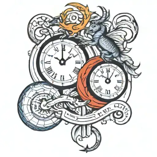 clock Demon time scorpio & capricorn initial R.A.J & R.L.M feminine design  tattoo design idea