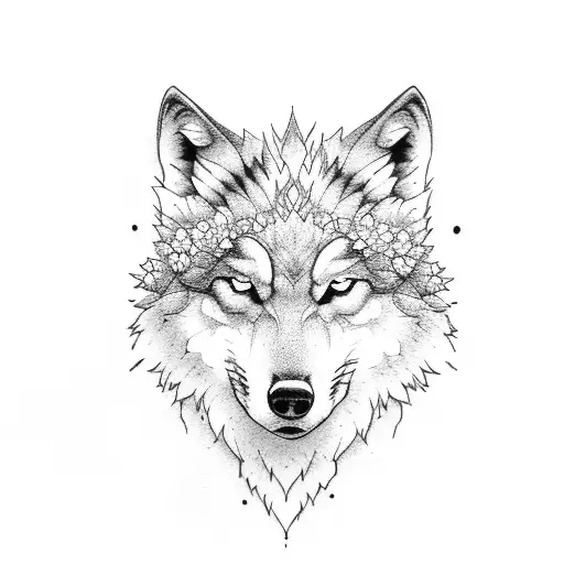 wolf with hydrangeas tattoo design idea