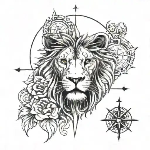 A lion's head intricately integrated with a compass design tattoo design idea