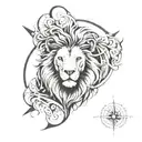 A lion's head intricately integrated with a compass design tattoo design idea