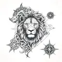 A lion's head intricately integrated with a compass design tattoo design idea