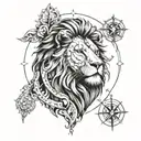 A lion's head intricately integrated with a compass design tattoo design idea
