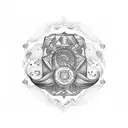 A unique tattoo design combining the elements of boho style with the Libra scales and the words 'sins' and 'forgiveness' in a dotwork pattern tattoo design idea