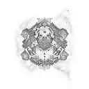 A unique tattoo design combining the elements of boho style with the Libra scales and the words 'sins' and 'forgiveness' in a dotwork pattern tattoo design idea