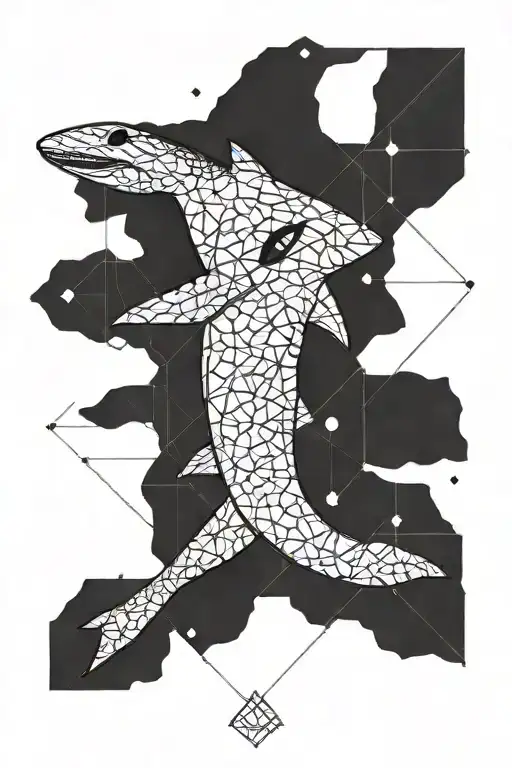 A blackwork design of a Hammerhead Shark with geometric patterns inspired by marine biology tattoo design idea
