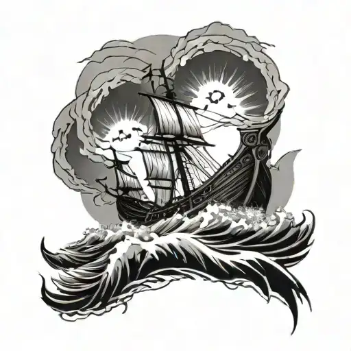A black-grey tattoo of a Viking longship navigating through rough ocean waves tattoo design idea