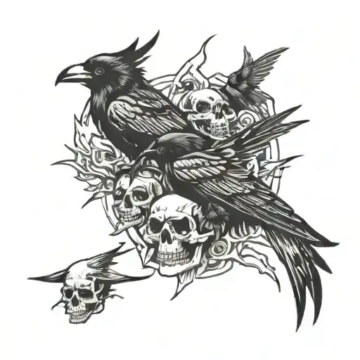 crows flying, all black, lightning, skulls, psych nursing tattoo design idea