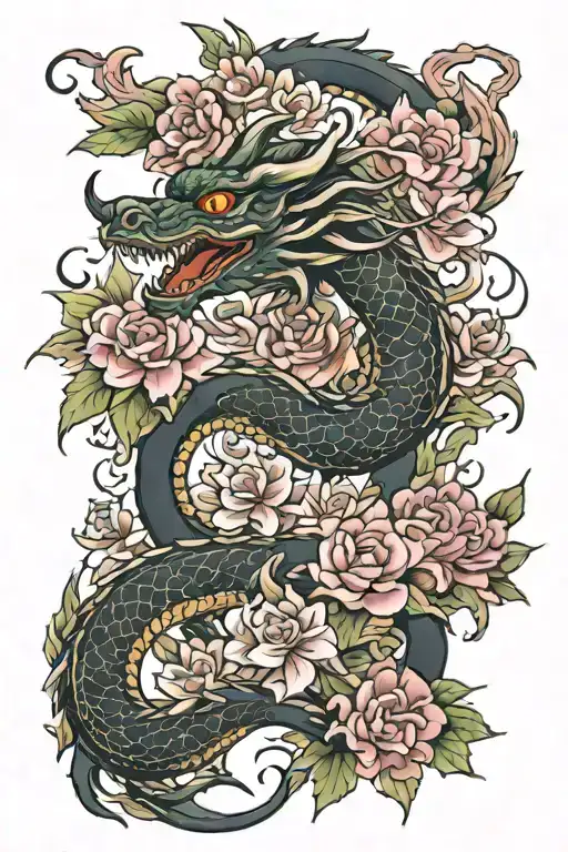 oriental dragon surrounded by blooming tattoo design idea