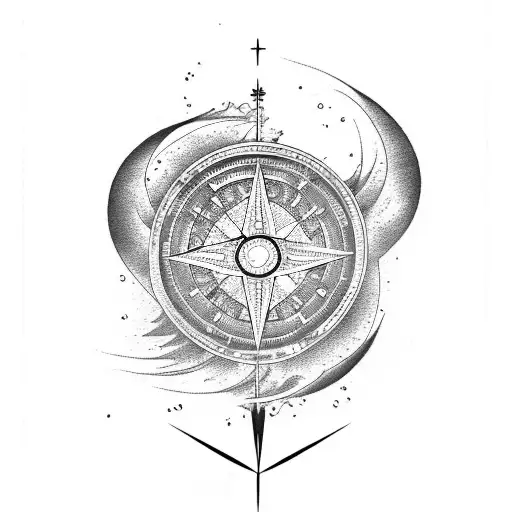 forearm length, wind water and fire with the eart and Japanese waves with a north pointing compass tattoo design idea