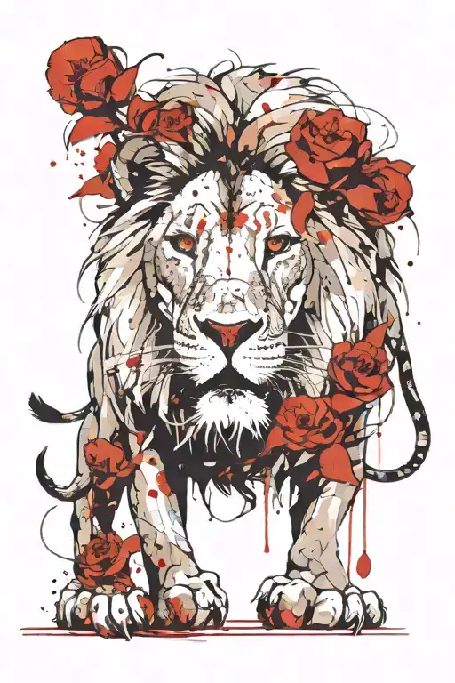 a lion shrouded in the thorns of a terrible hole, the lion personifies the heart that is deeply wounded but resists, above the lion is tattoo design idea