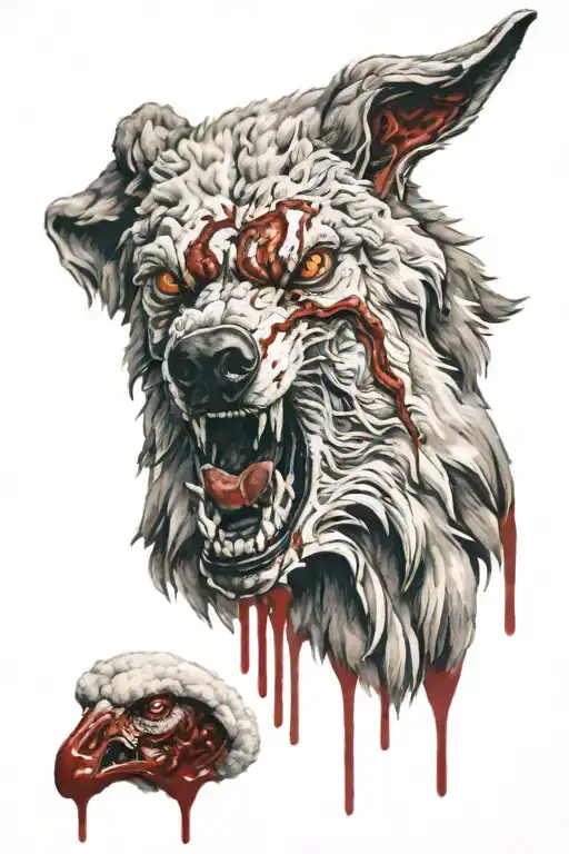 A wolf with red eyes and blood dripping from its mouth in sheeps clothing   tattoo design idea