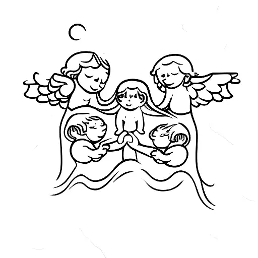 Three cherubs holding hands and flying in a line tattoo design idea