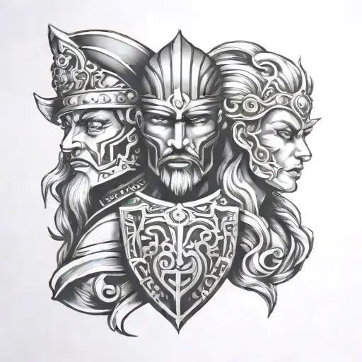 3 faces 2 shields tattoo design idea