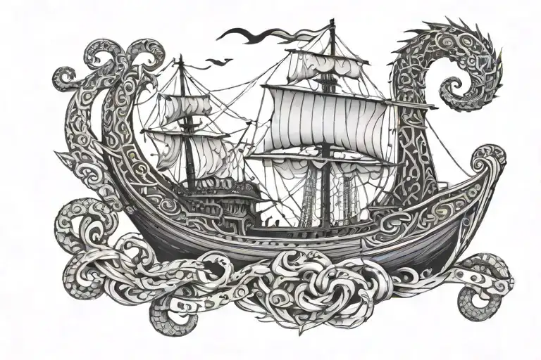 worl serpent surrounding a viking boat sailing  tattoo design idea