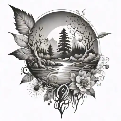 An abstract representation of God's presence in nature, incorporating elements of the natural world tattoo design idea