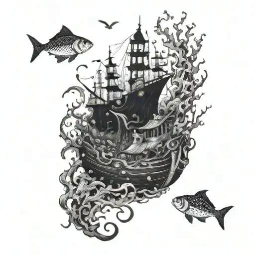 A mystical underwater scene with a sunken shipwreck, treasure chests, and schools of shimmering fish tattoo design idea