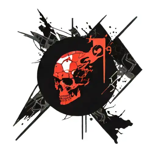 red and black hexagon circle rectangle space surrounded Mohawk  punk skull tattoo design idea