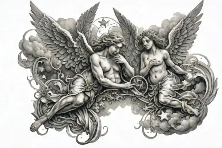 angels and stars with clouds surrounding tattoo design idea