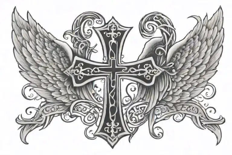 angel wings and stars with a cross made out of words spelling blessed by the true god tattoo design idea