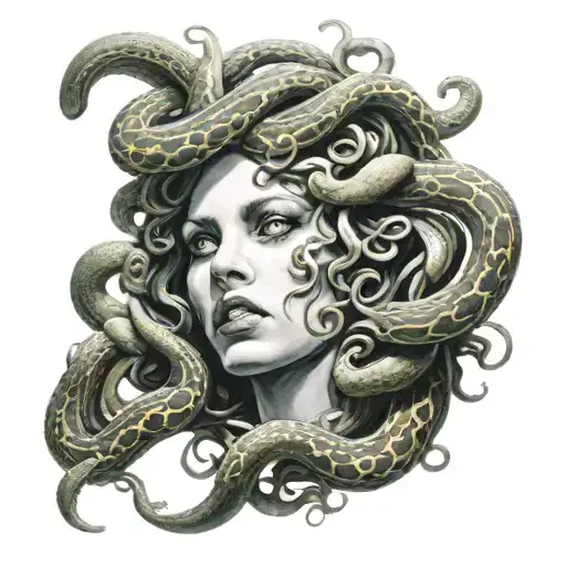 Realism Medusa with white eyes and angry snakes coming tattoo design idea