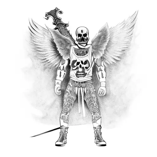 Death in a hood, dressed in a wrestler's outfit, holding a sword, kneeling and with wings behind him tattoo design idea