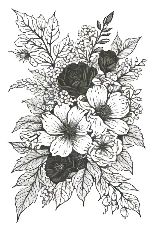 birth flower bouquet fine line June, July, october, november, December and February  tattoo design idea