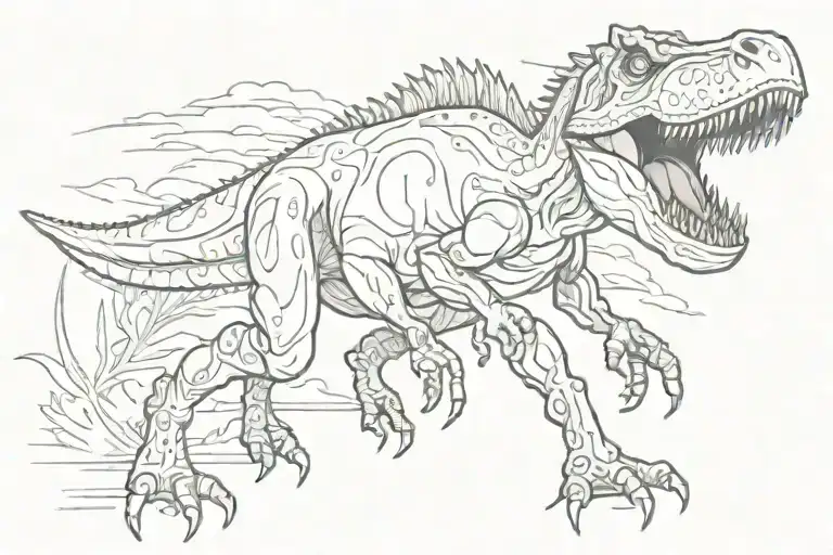 cartoon t-Rex, holding a grabber tool, chasing stick figures of humans tattoo design idea