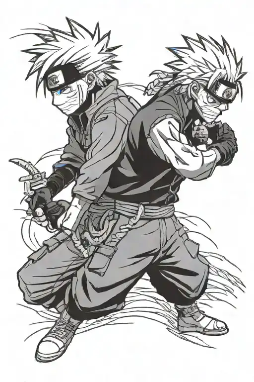 Satoru Gojo and Kakashi Hatake in an intense face-off, capturing their iconic looks and abilities. Gojo’s cursed energy  tattoo design idea