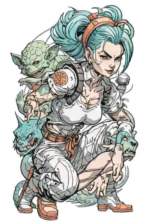 Bulma from Dragon Ball Z in a fierce pose surrounded by demon girls tattoo design idea