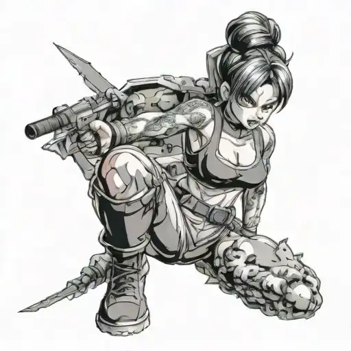 Bulma from Dragon Ball Z in a fierce pose surrounded by demon girls tattoo design idea