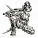 Bulma from Dragon Ball Z in a fierce pose surrounded by demon girls tattoo design idea