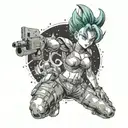 Bulma from Dragon Ball Z in a fierce pose surrounded by demon girls tattoo design idea