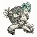 Bulma from Dragon Ball Z in a fierce pose surrounded by demon girls tattoo design idea