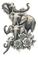 roses, Angel feather, 2 adult elephants, 2 baby elephants  tattoo design idea
