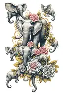 roses, Angel feather, 2 adult elephants, 2 baby elephants  tattoo design idea