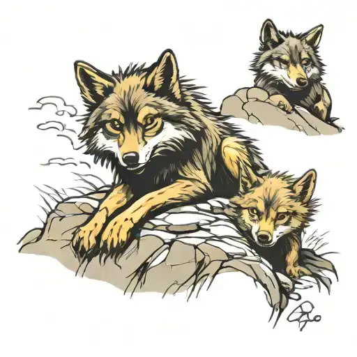 3 little wolves playing on the rocks tattoo design idea