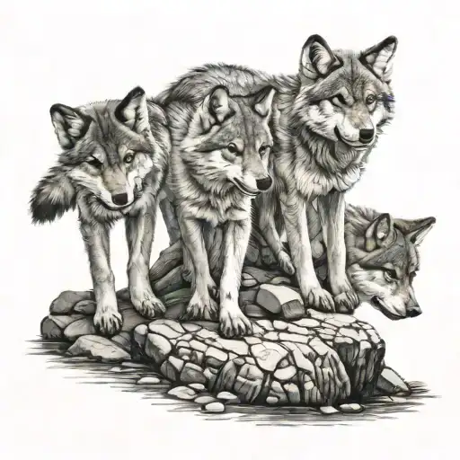 3 little wolves playing on the rocks tattoo design idea