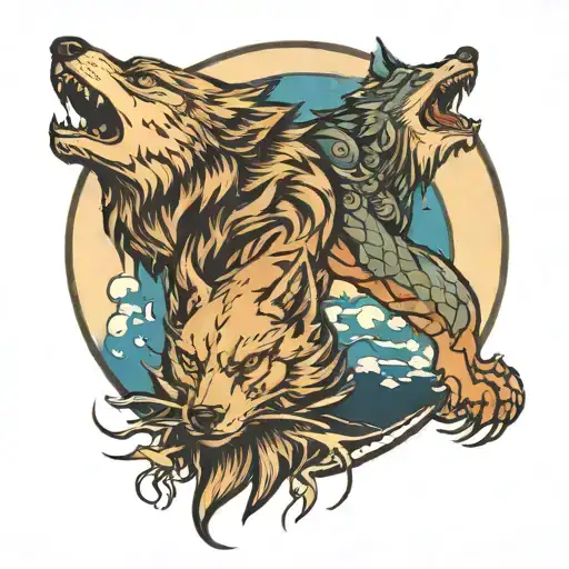 wolf and bear look at the moon and dragon tattoo design idea