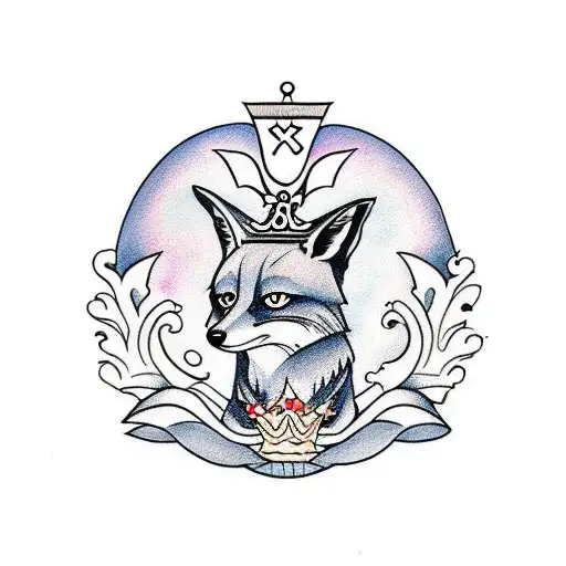 Fox with x for eyes and a throne crown tattoo design idea