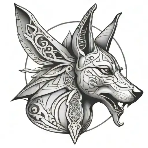 Anubis head with hyrogliphs In the back tattoo tattoo design idea