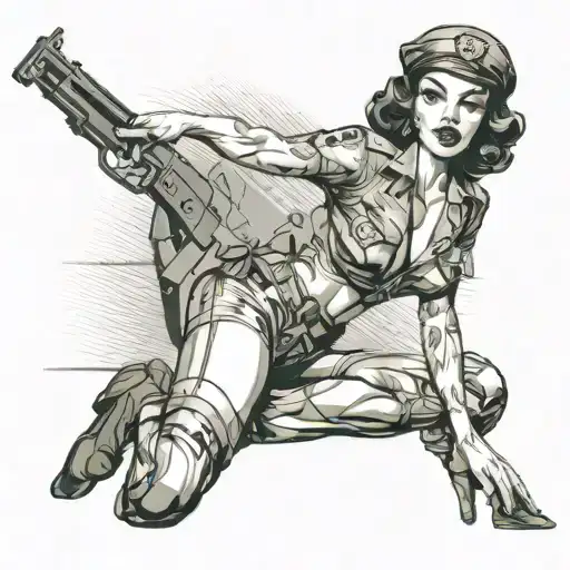 A sexy pin-up girl in military uniform with a provocative pose tattoo design idea