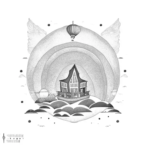 floating island, hot air balloon, city, cottage tattoo design idea