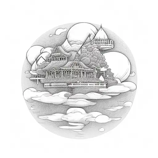 floating island, hot air balloon, city, cottage tattoo design idea