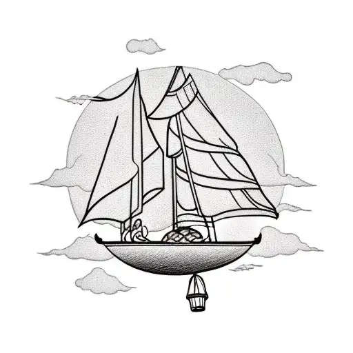 floating island, hot air balloon, city, cottage tattoo design idea