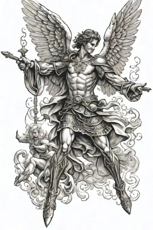 ArchAngel Michael fighting lucifer, lucifer is falling from the sky while ther is a big light above the archangel  tattoo design idea
